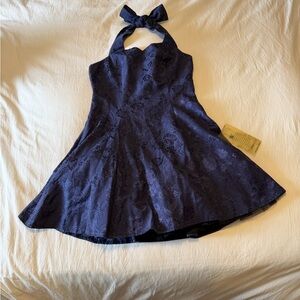 Women’s Navy embroidered floral Halter Fit-and-Flare Dress